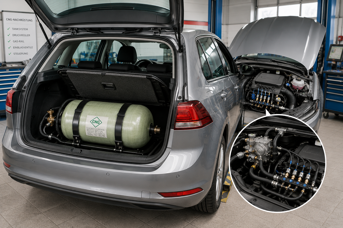 Beispiel einer CNG-Nachrüstung mit zusätzlichem Druckbehälter und Gassystem im Motorraum. Beispiel einer CNG-Nachrüstung mit zusätzlichem Druckbehälter und Gassystem im Motorraum.